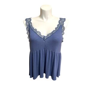 BiB! Crochet Lace Trim‎ Tank Top Babydoll Style Sleeveless Blouse Blue L Boho